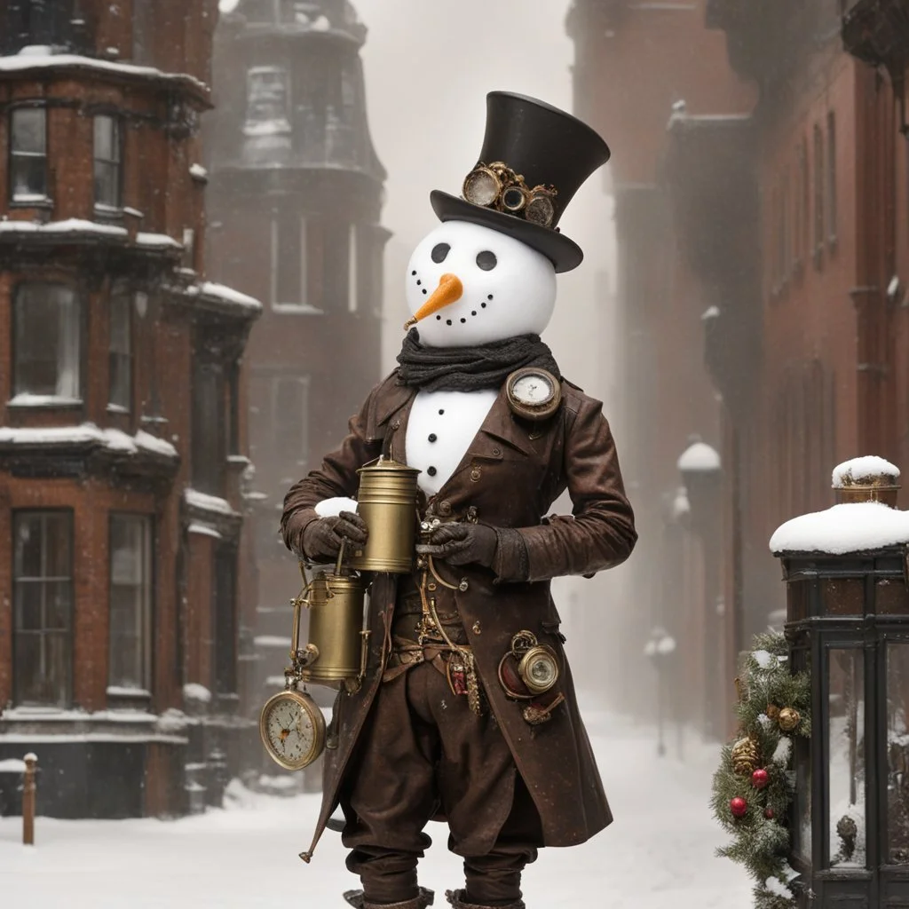 Surreal steampunk snowman, towering over a winter wonderland adorned with intricate steampunk enhancements, juxtaposed with traditional Victorian snow-capped townhouses, smoke floating out of tall chimneys, wrought iron benches encrusted with frost, brass gear clock perched on a corner building, snowman wearing a distressed leather top hat, brass googles resting, tin can pipe snugly fit in the corner of its carrot mouth, steampunk mechanical arm holding an ornate umbrella