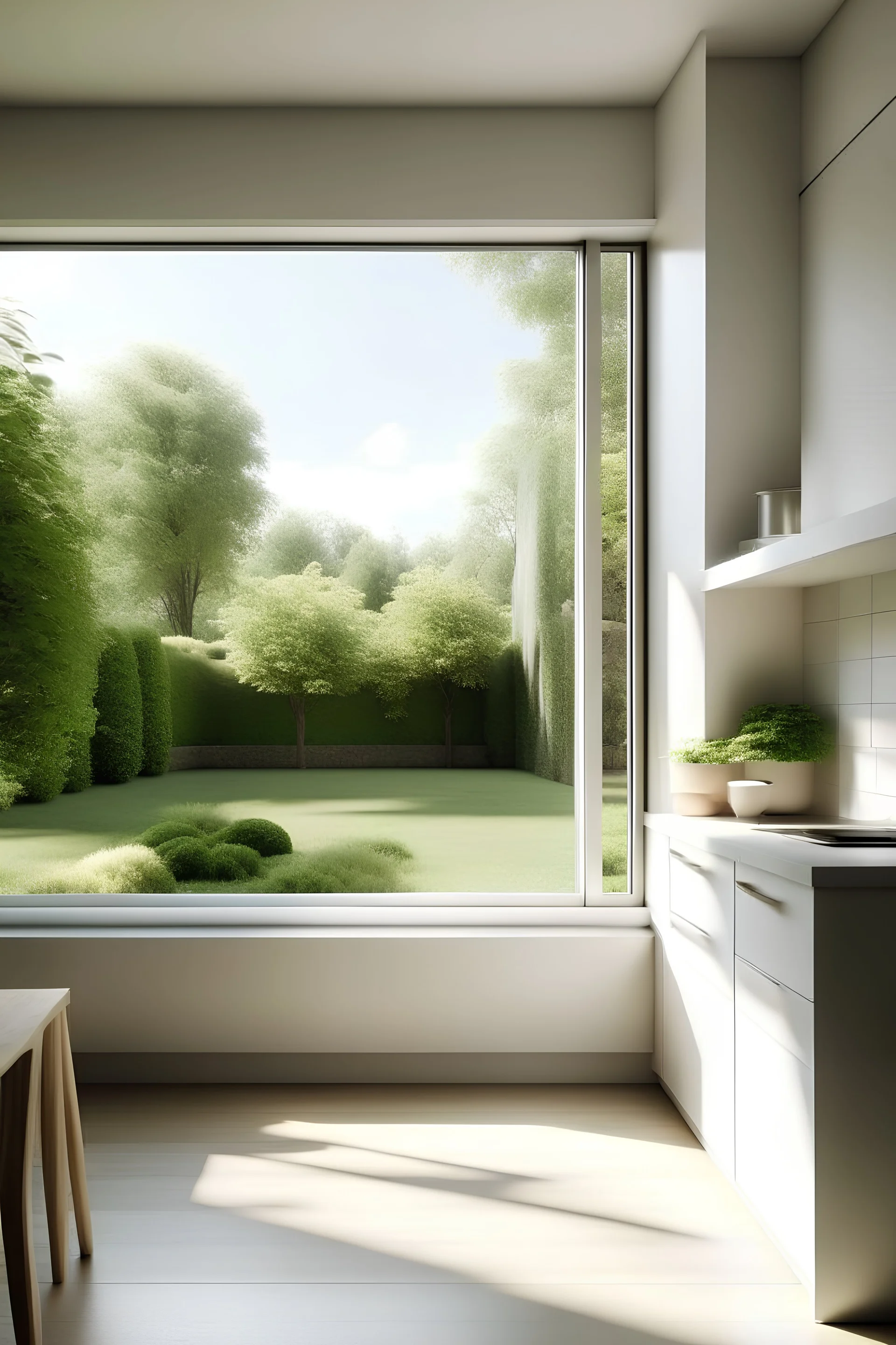 minimalist cozy kitchen with a big window, a breakfast nook and view to the garden