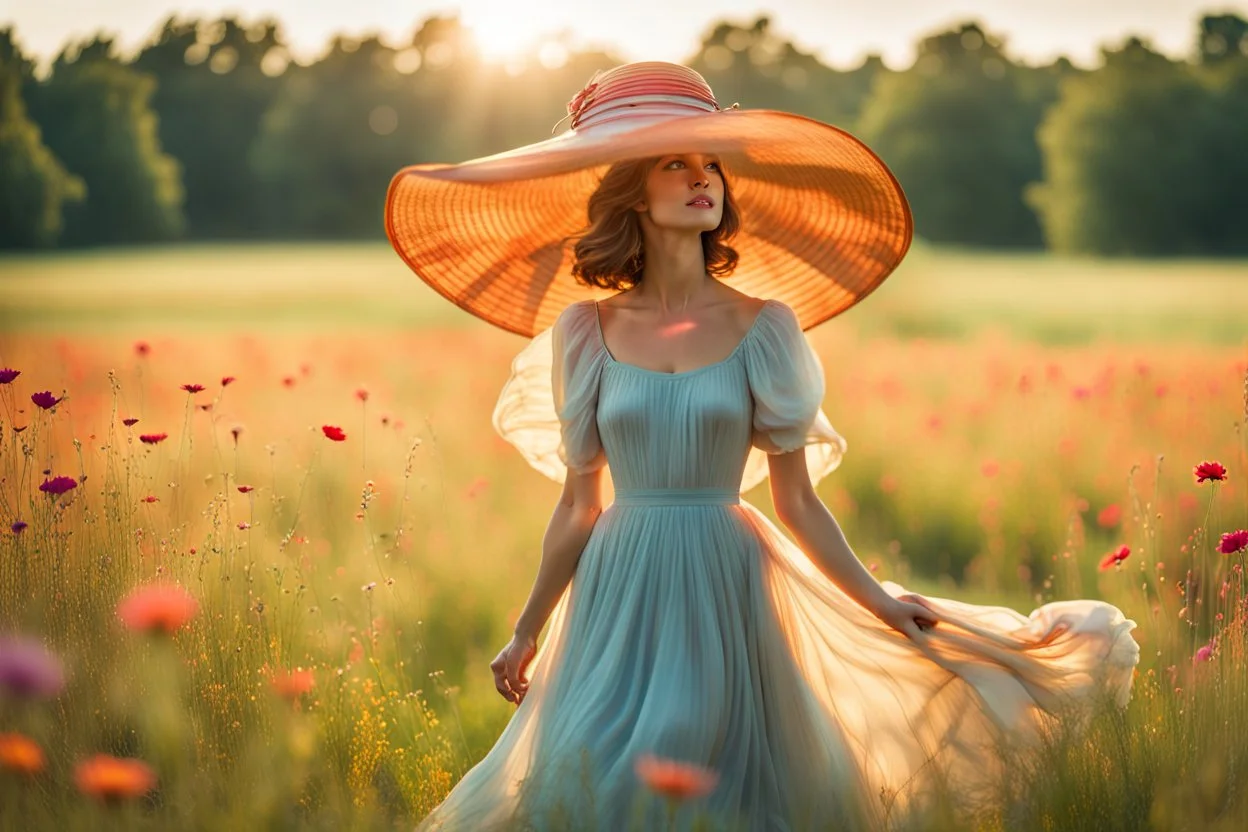 A young woman, elegantly adorned in a big summer hat and a flowing dress that matches the vibrant hues of the surrounding meadow, stands confidently in the center of a vast field. Her eyes are closed, a gentle smile playing on her lips as she feels the warm embrace of the sunshine and the tender kiss of a soft summer breeze. The meadow is a canvas of harmony, painted with a dazzling array of wildflowers that dance and sway in the little wind. The blue sky