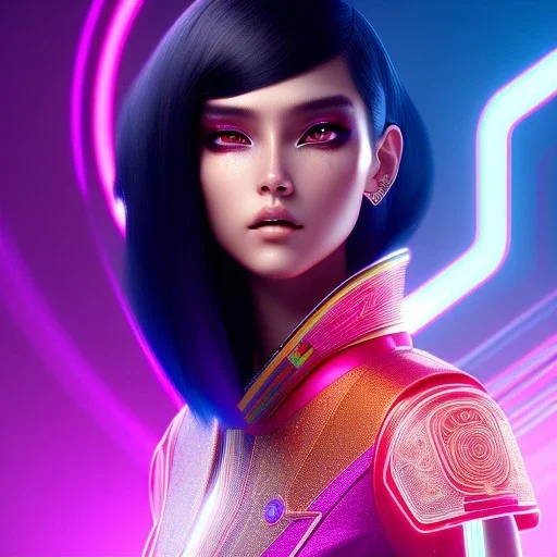 Rosalía, Cyborg anime samurai, cyberpunk, light black hair, pixie hairstyle, cobalt eyes, waist up portrait, 8k resolution, retroanime, intricate details, neon details, soft lighting, vibrant colors, masterpiece, intricate eyeliner, dark eyeshadow, eyes, intricate tattoos, gradient background