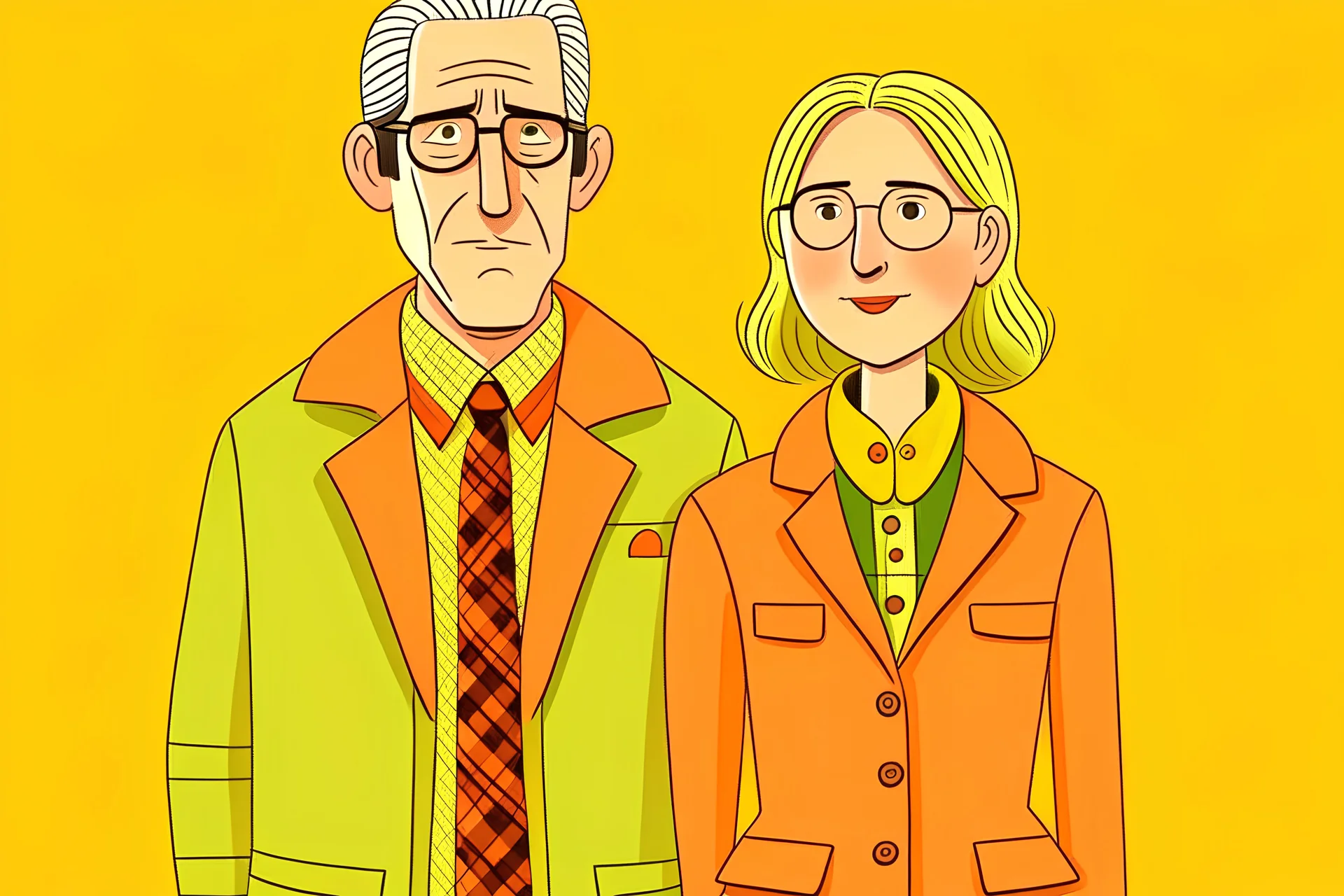 Wes Anderson cartoon of a woman and man in their 50s