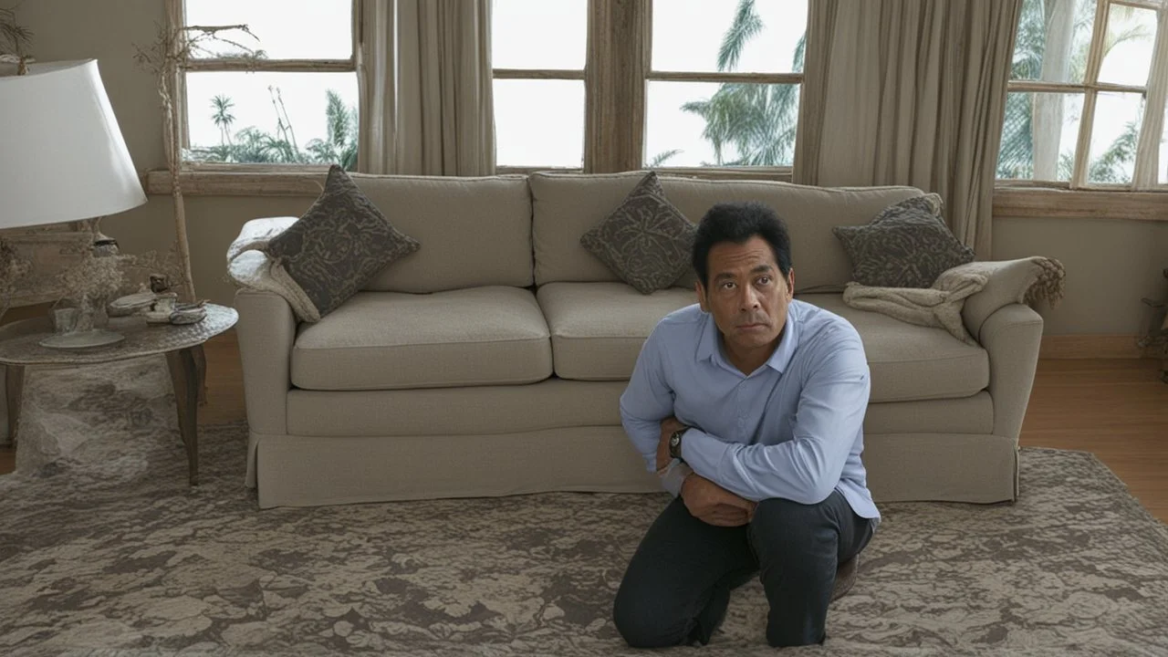 alex ferrer sits on opposite side of broken couch from miserable wife