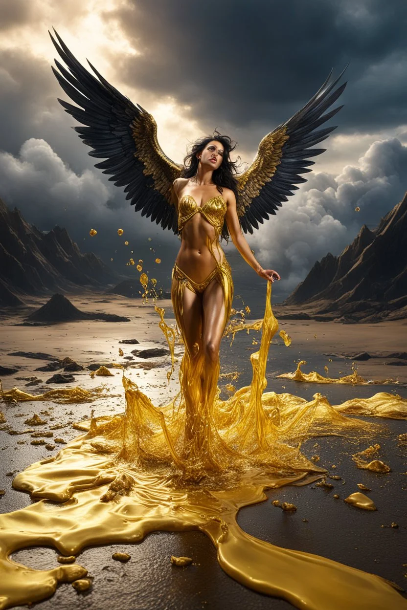 A hyper-realistic photo, beautiful fallen angel disintegrating into gold dripping ink and slime::1 ink dropping in water, molten lava,4 hyperrealism, intricate and ultra-realistic details, cinematic dramatic light, cinematic film,Otherworldly dramatic stormy sky and empty desert in the background 64K, hyperrealistic, vivid colors, , 4K ultra detail, , real photo, Realistic Elements, Captured In Infinite Ultra-High-Definition Image Quality And Rendering, Hyperrealism, real world, in real life, re