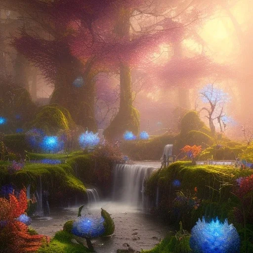 fantasy concept art, dynamic lighting, Intricately detailed, Splash screen art, deep color, Unreal Engine, volumetric lighting, blue flowers, Fantasy library artwork, moss, leather, library artwork, crystals, water,