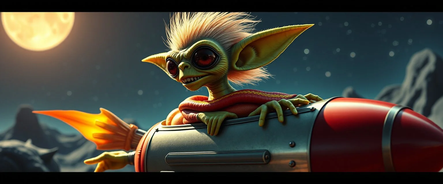 hairy macho gremlin aliens living in a rocket hot dog