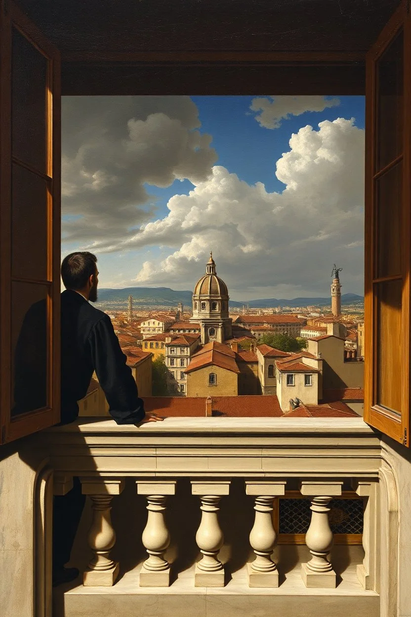 man is watching the city from the balcony painted by Caravaggio