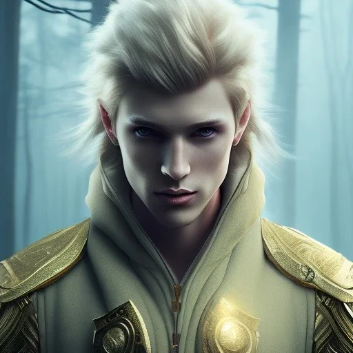 Male, Human, Blond, Sorcerer, Fire Mage, Golden Eyes, Young, Photorealism, Full Body Shot, Forest Background