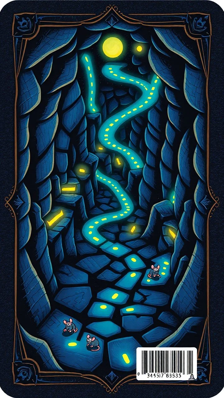 blue and black "Card back featuring a mystical dungeon maze design with glowing trails, tiny cartoon rats exploring paths, whimsical fantasy vibe, glowing runes, vibrant and colorful, symmetrical layout, polished illustration style."