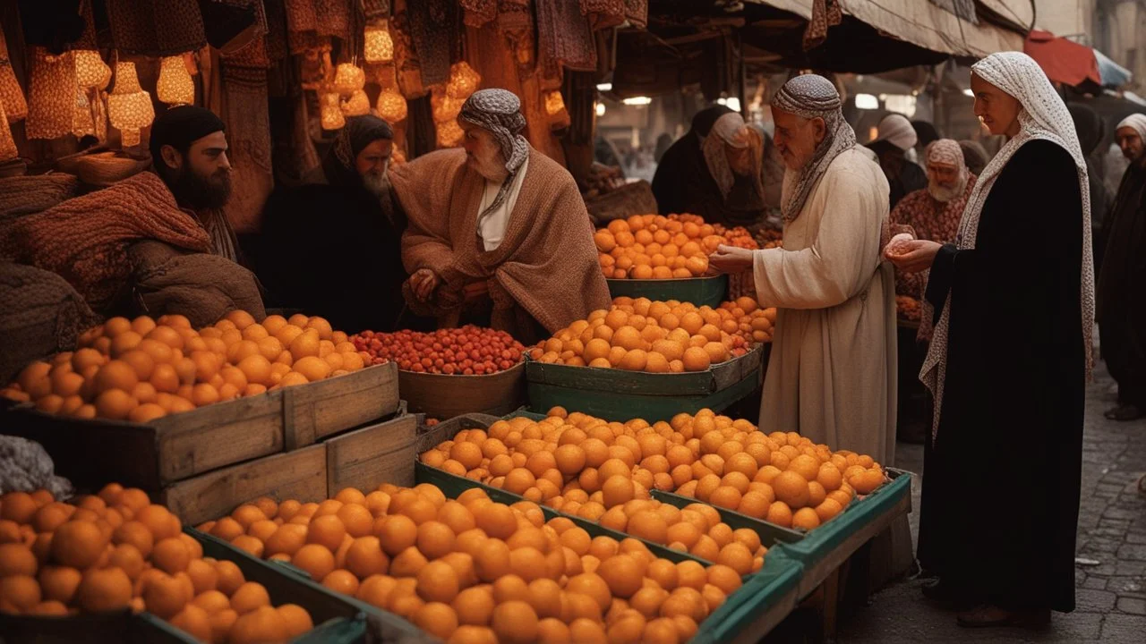 A full-length Palestinian girl wearing an embroidered dress and a white embroidered shawl buys oranges from an old seller wearing a keffiyeh in the market of Jerusalem, 100 years ago, at night with multi-colored lights reflecting on her.