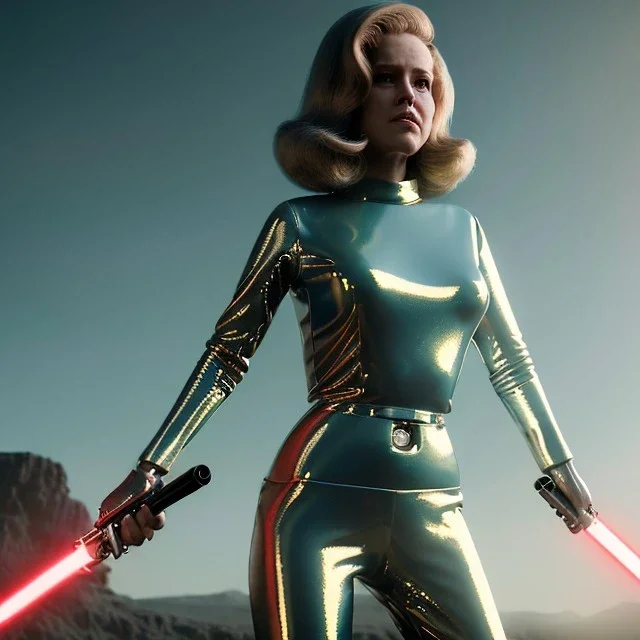 Ultra Realistic retro sci-fi portrait image from 1960, spaceship, sweet young Jane Fonda, dress with tight latex suit, lightsaber fighting stance, soft color, highly detailed, unreal engine 5, ray tracing, RTX, lumen lighting, ultra detail, volumetric lighting, 3d, finely drawn, high definition, high resolution.