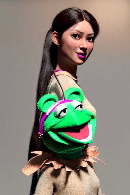 Woman bag made with muppet, Sesame Street style, fashion photo studio, unreal engine 5, god lights, ray tracing, RTX, lumen lighting, ultra detail, volumetric lighting, 3d.