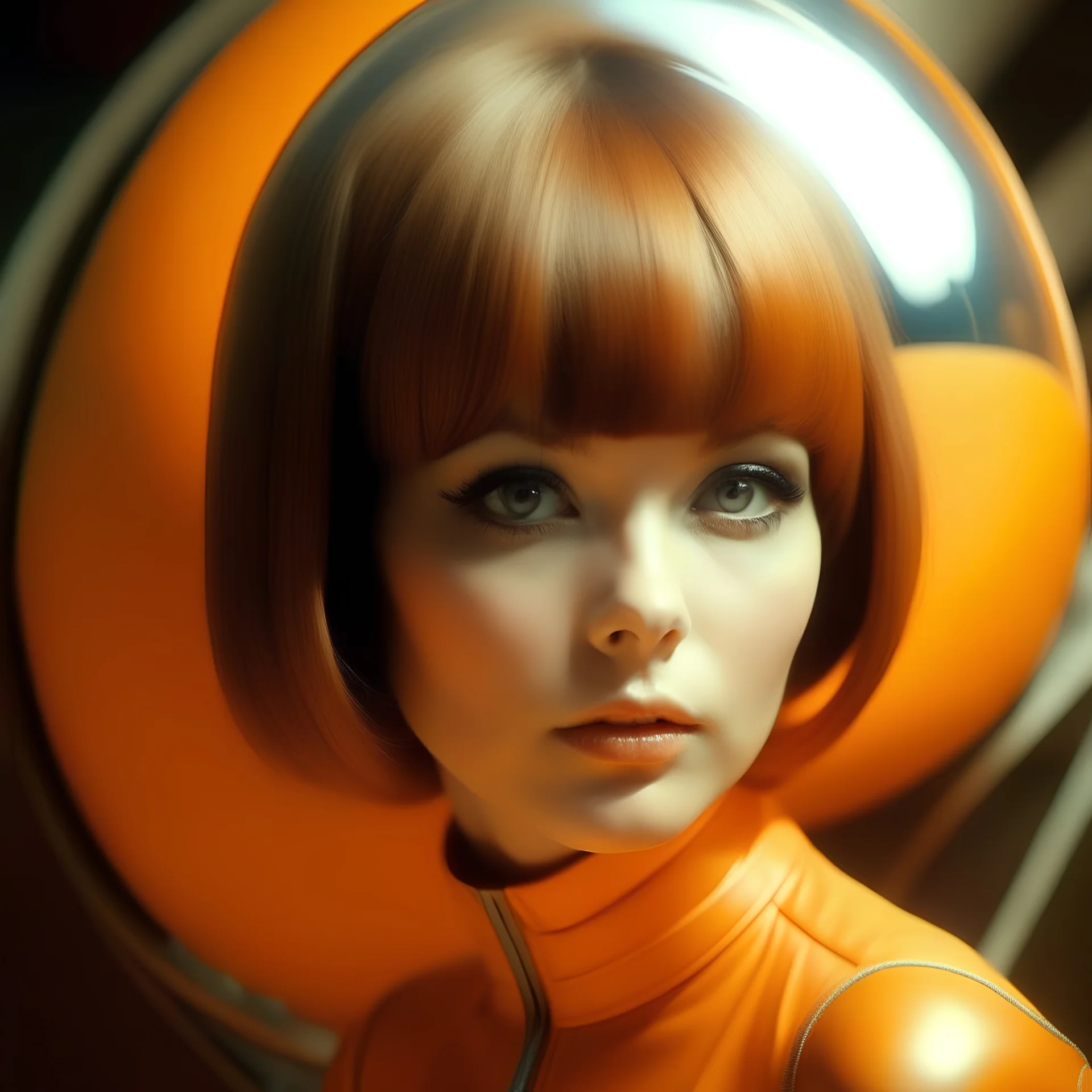 Retro futuristic hair bland orange, anna karina in a bubble