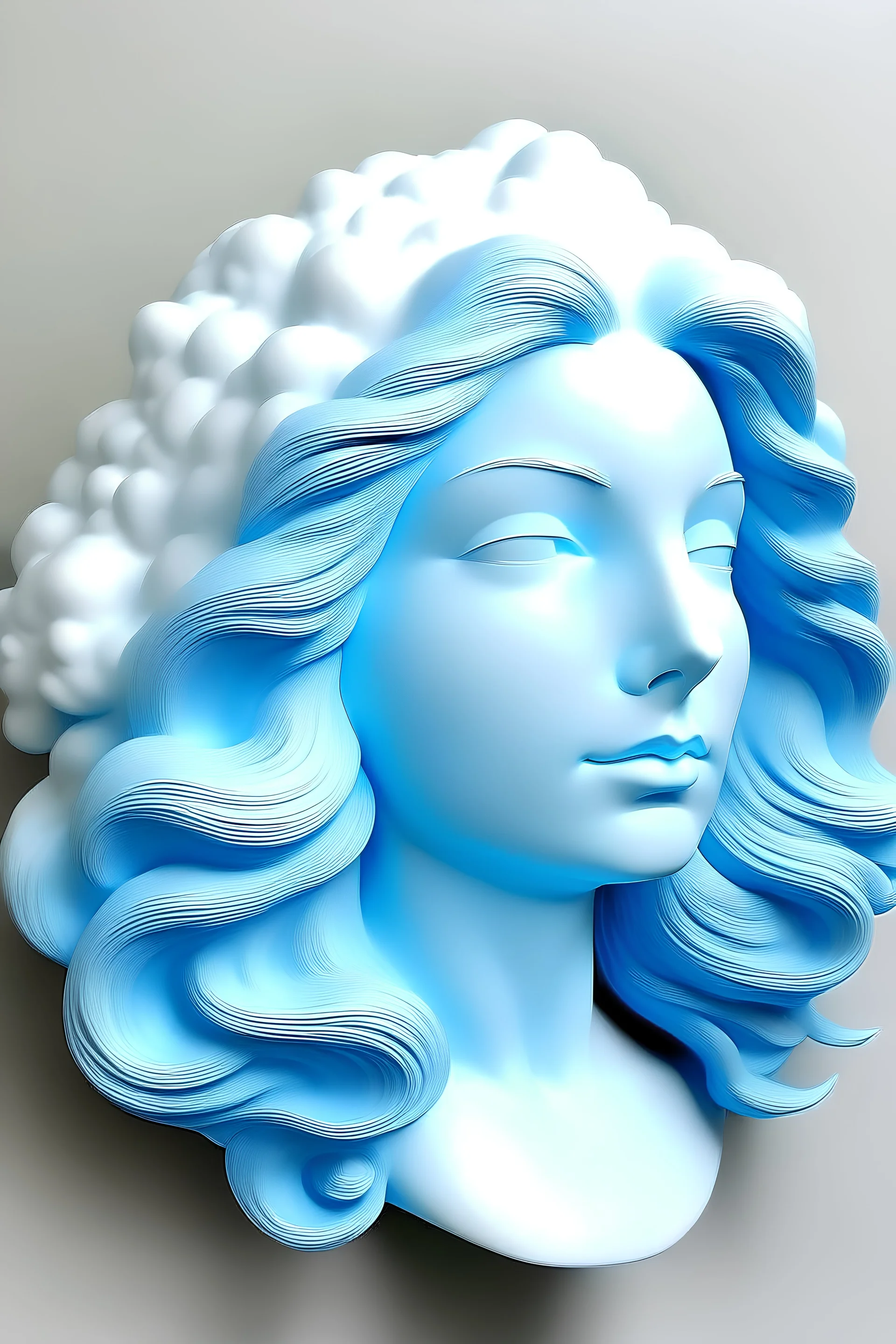 Full rubber female face with rubber effect in all face with cyan long hair sponge rubber effect with big white clouds