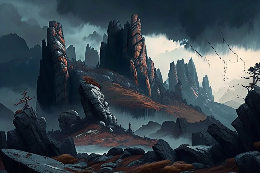 mountains, a gloomy rocky landscape, cypresses stretching up in the foreground, rocks and a bloody sky in the background