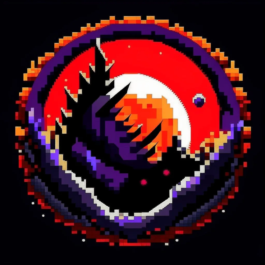 combining darkness and celestial elements. Feature a stylized eclipse at the center, with the moon partially covering the sun, casting claw-like shadows. Use deep purple fading into fiery orange-red. Surround the eclipse with jagged metallic shapes, make it 8bit and retro.