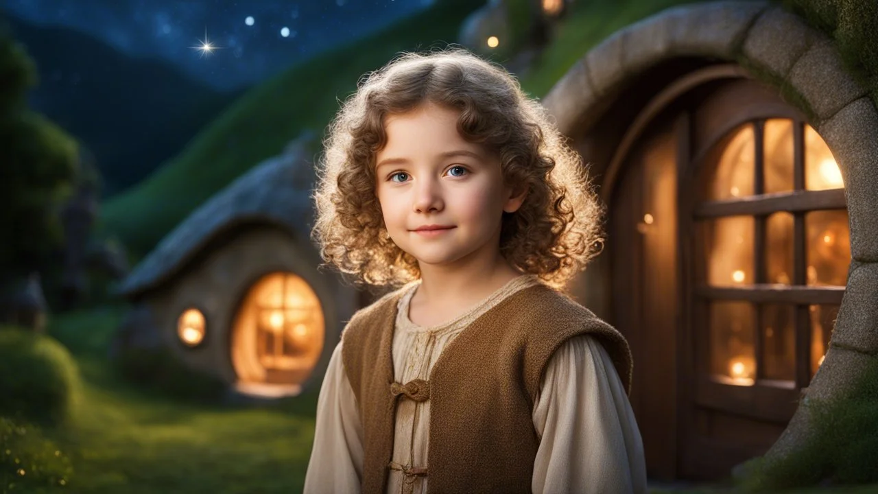 little young hobbit girl, beautiful, confident, calm, wise, happy, innocent, facing camera, head and shoulders, curly hair, hobbit clothing, perfect eyes, LOTR village, hobbit homes with circular windows and round doors, night scene, stars, fireflies, 16k artistic photography, exquisite composition, photorealistic concept art, soft natural volumetric light, chiaroscuro, award-winning photograph, masterpiece, style William-Adolphe Bouguereau