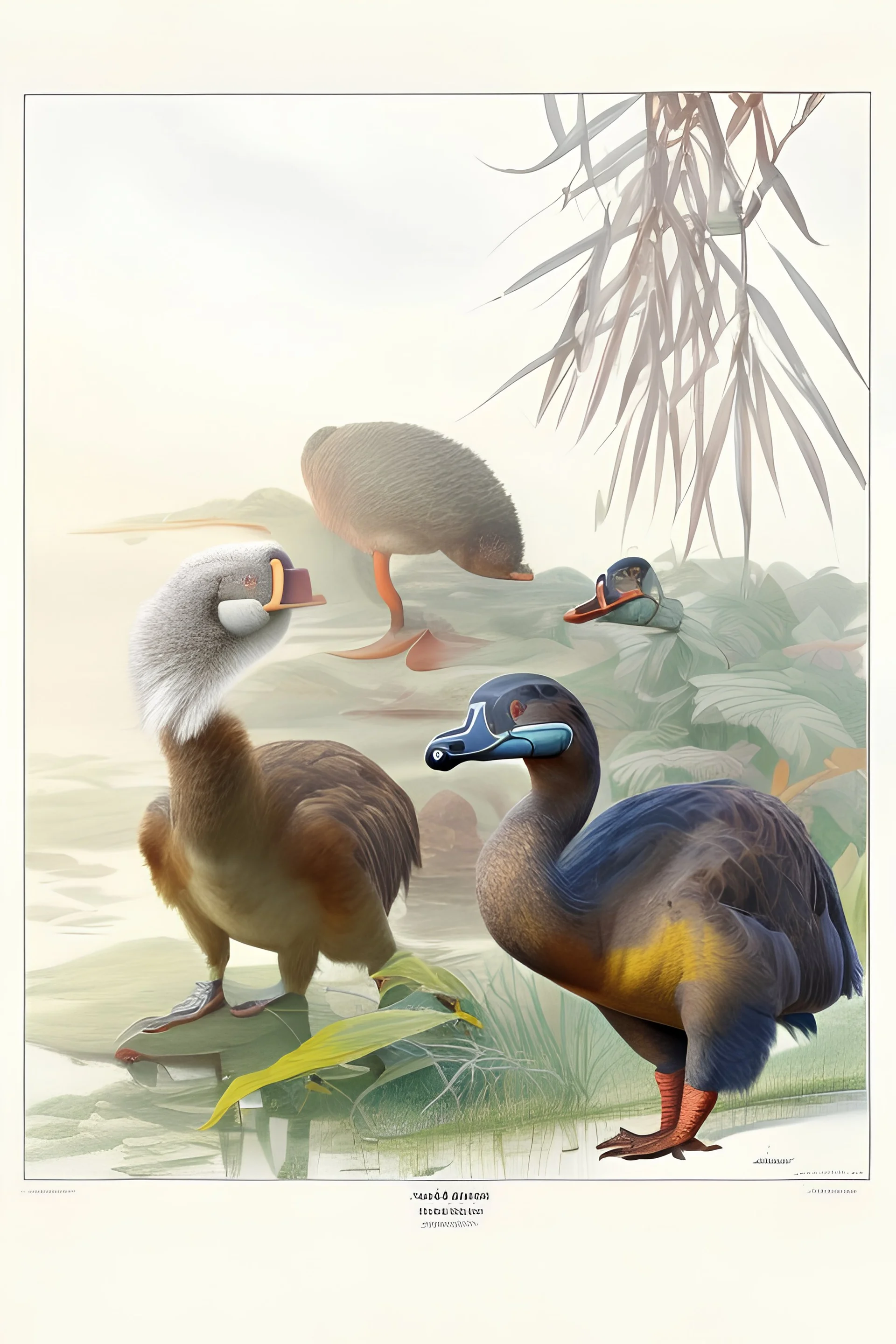 John James Audubon-like illustration of a fully uncropped Dodo bird and a Platypus in a landscape of warm yellows, warm reds, and warm blues