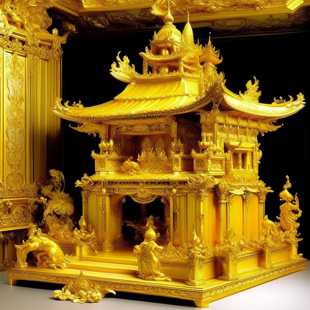 A golden yellow temple filled with gold and jewels designed in Mayan architecture painted by Auguste Rodin
