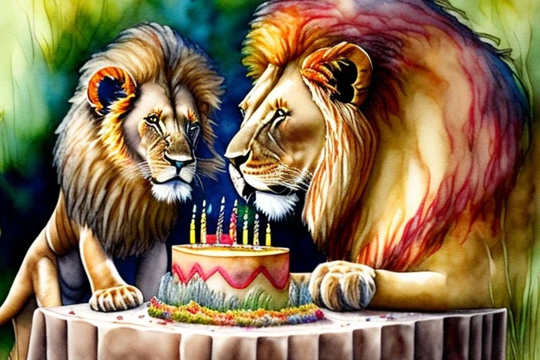 Lion is having a birthday cake.. Highly detailed, smooth colours, realistic landscape. Aquarell