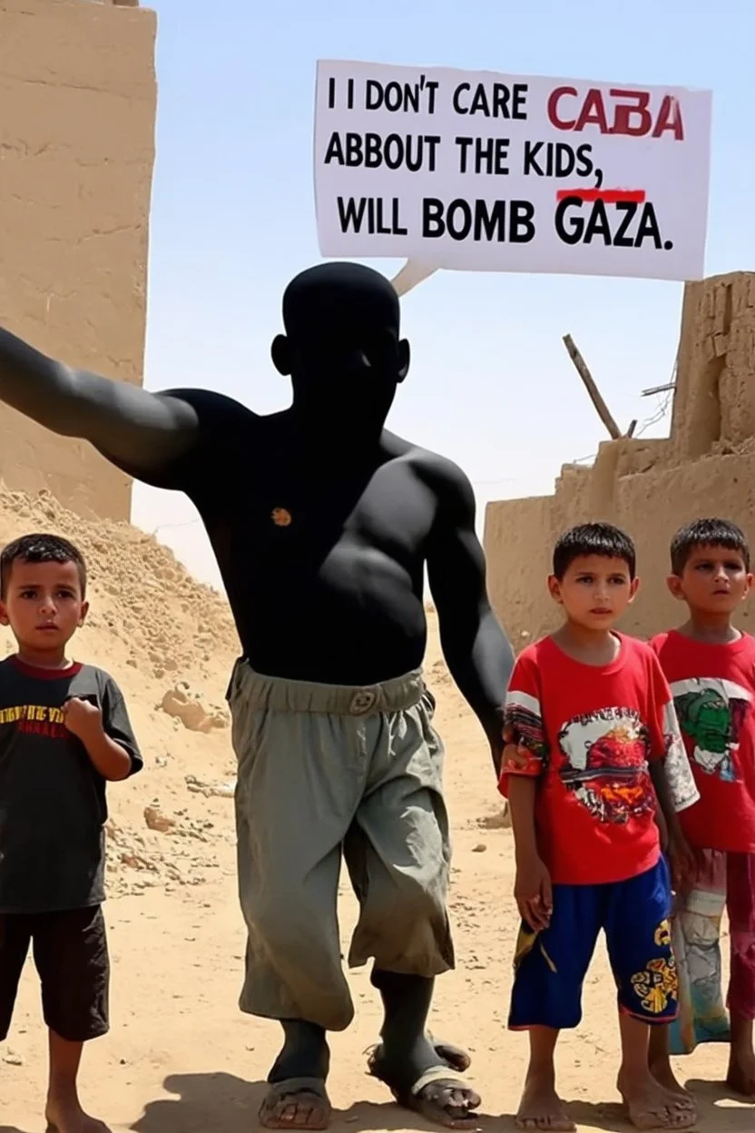 Kinder am gazastreifen werden von einem schwarzen großen terroristen bedroht der sagt "I dont care about the kids i will bomb gaza"