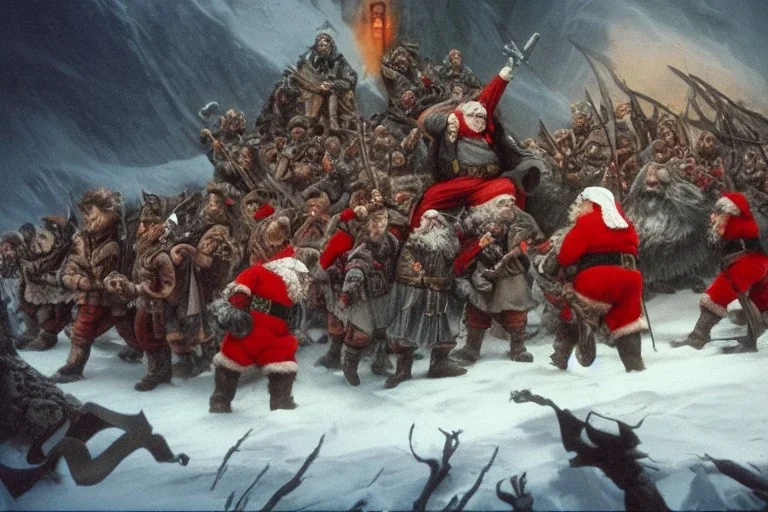 santa claus, leading his dwarf army, attacking the black gate of Mordor