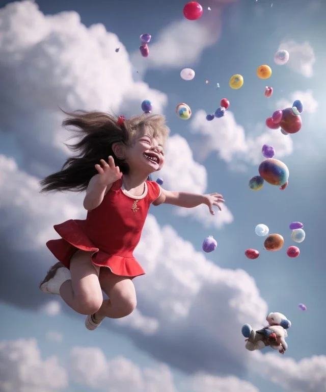 Ultra realistic speed clouds sky scene, wide angle view, childs falling down with many Childs background, circus dress style, feather color, free jumping flying, many trinkets, hair monster, many jelly beans, balls, color smoke, smile, happy, extreme, wind, clouds sea, 20,000 feet altitude, stratosphere, soft color, highly detailed, unreal engine 5, ray tracing, RTX, lumen lighting, ultra detail, volumetric lighting, 3d, finely drawn, high definition, high resolution.