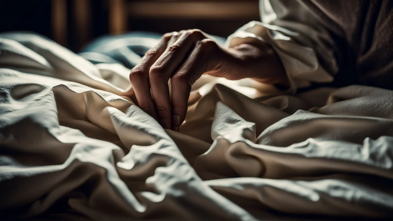 close-up photo of a thin female hand holding a crumpled old linen sheet close to her on the bed, old, village setting, low light, dramatic mood, high detailed, sharp focus, high realistic, thriller, perfect photo