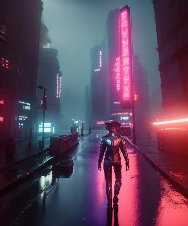 3D, beautiful, light reflecting, empty city at night, rainy night, neon, cyberpunk, person with helmet walking