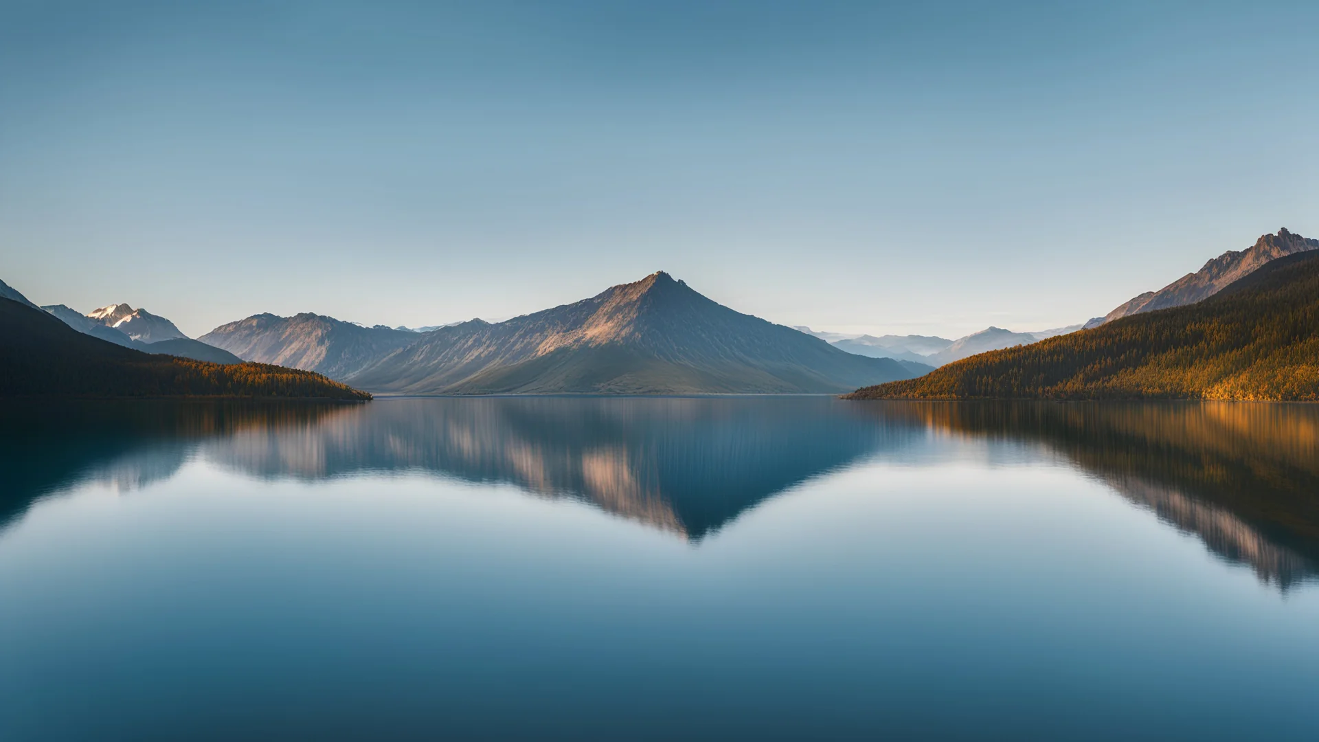 a distant mountain is reflected in the blue waters of a lake