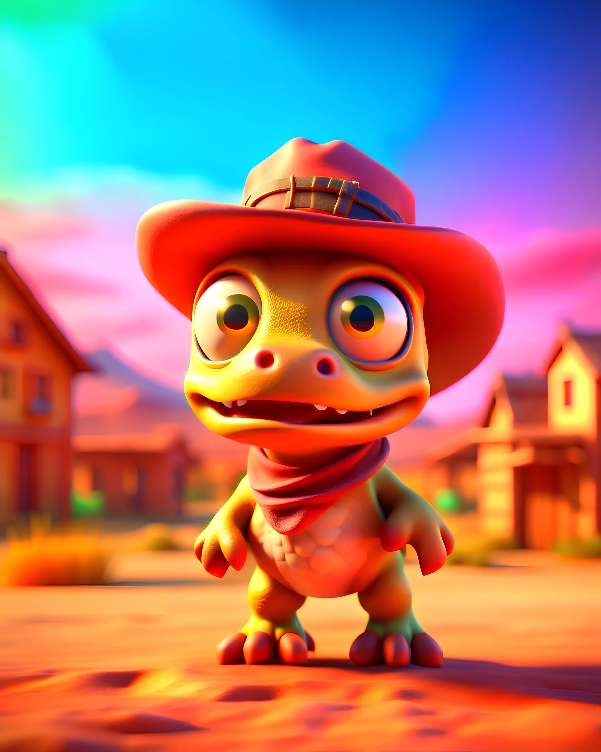 Coloring pages: an adorable and fluffy baby dinosaur, cowboy, bandana over mouth, western, desert, with a western village and saloon, sandstorm, old revolver, bright sky, with blur background, high quality, 8k