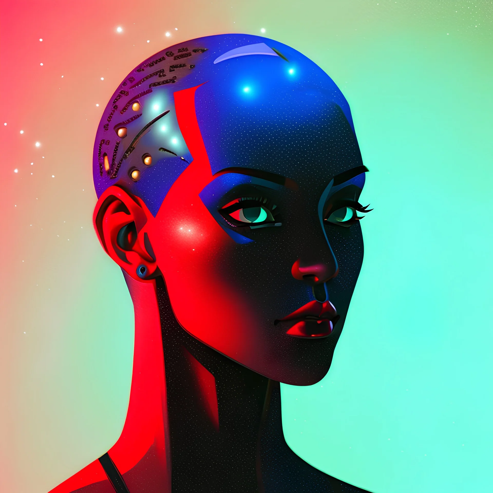 ake a portrait of a silhouette from a androgen woman bald face profile, she's looking up , using star earring and necklace, futuristic style, galaxy background, Art Deco, 2d style