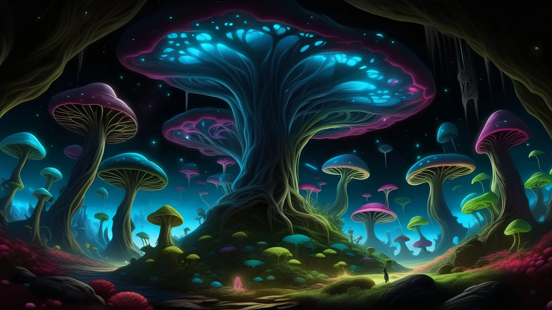 A hauntingly beautiful extraterrestrial landscape viewed from a worm's-eye perspective. At the center is a mesmerizing multi-colored, bioluminescent tree with a twisted trunk and glowing leaves. Surrounding this tree, alien creatures resembling flowers and mushrooms in various shapes and sizes create an eerie yet captivating scene. The background features a vast expanse of dark, star-filled sky, with a few celestial bodies glowing brightly. There's a sense of mystery and solitude, making the vie