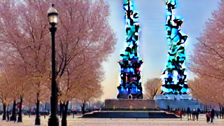 A Tesla semi-truck is parked, under the Statue of Liberty, in New York city. CINEMATIC. WIDE ANGLE LENS.