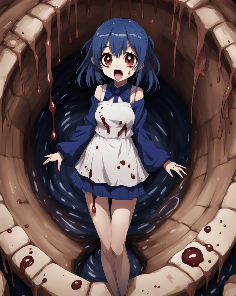 Anime girl with big eyes, darkblue and sepia tones, fullbody, slime, the perspective looking up from the bottom of an empty well, rolling eyes, tongue out, blood drip, open mouth,