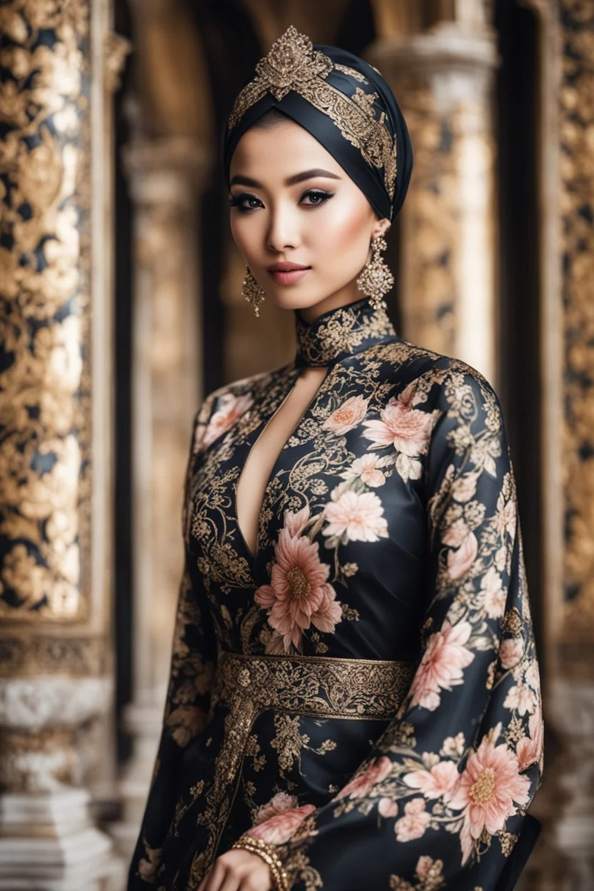 Gorgeous Realistic Photography Super model Asian europe as Beautiful hijab girl dressing Batik pattern flowers gown luxury black and jewelry,luxury palace background, close-up portrait