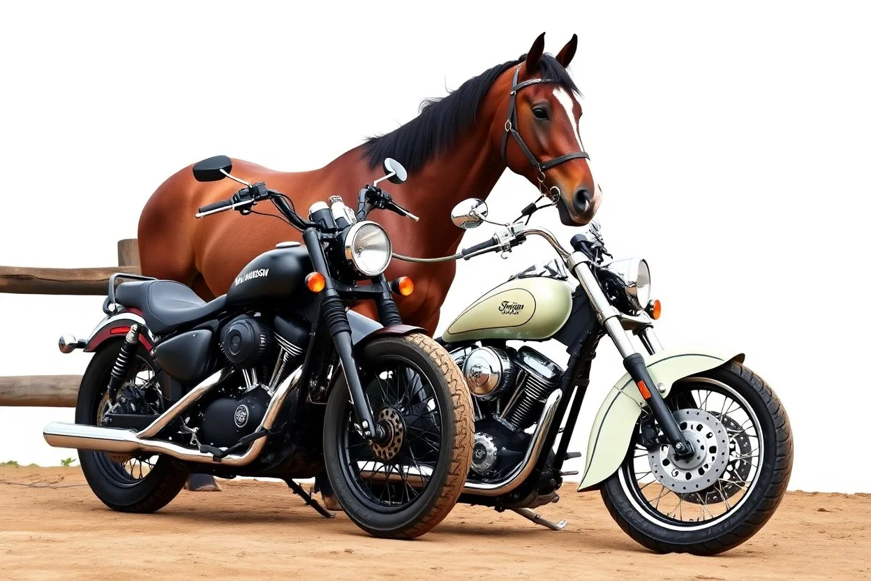 a harley davidson pan america 1250 motorcycle, next to a Indian Springfield Dark Horse motorcycle. next to a horse who's facing away and tied by the reins to a wood railing. white background. dirt ground. silkscreen style image