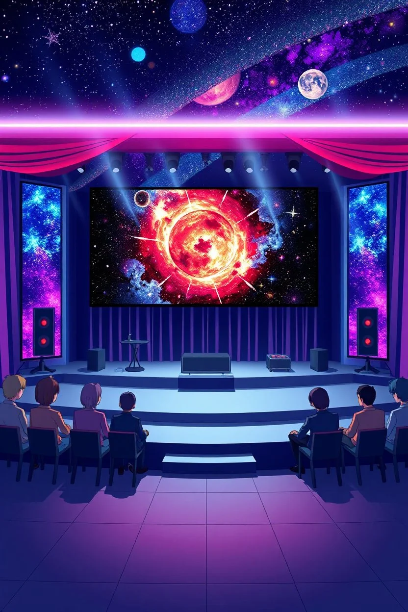 poster for a party with anime music videos galaxy theme stage with big screen