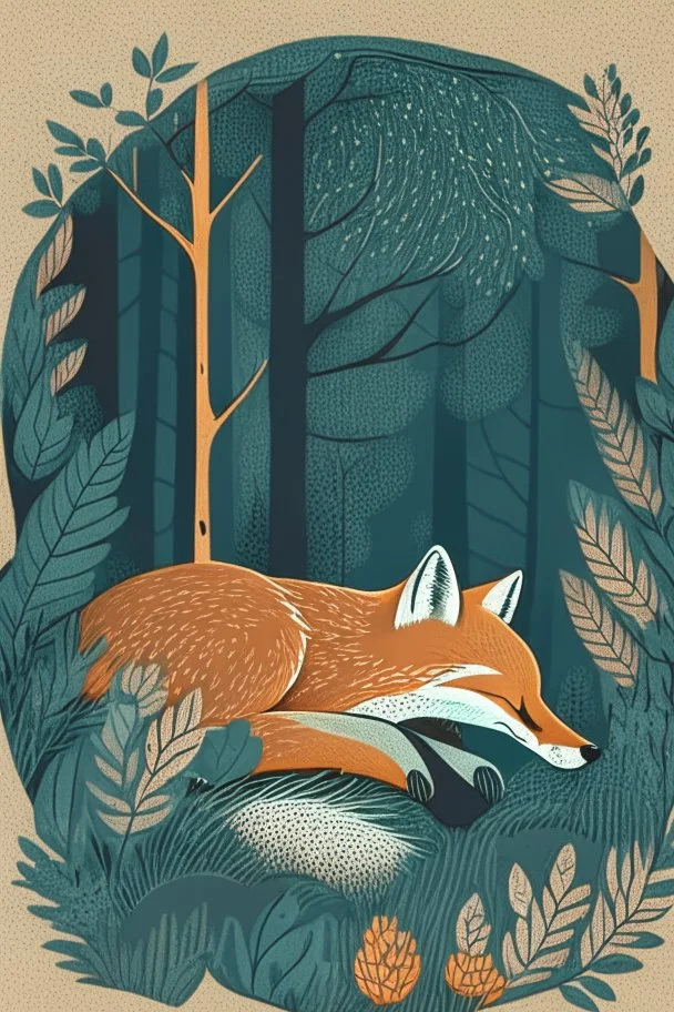 in a cosy vintage style, a fox sleeps in a forest