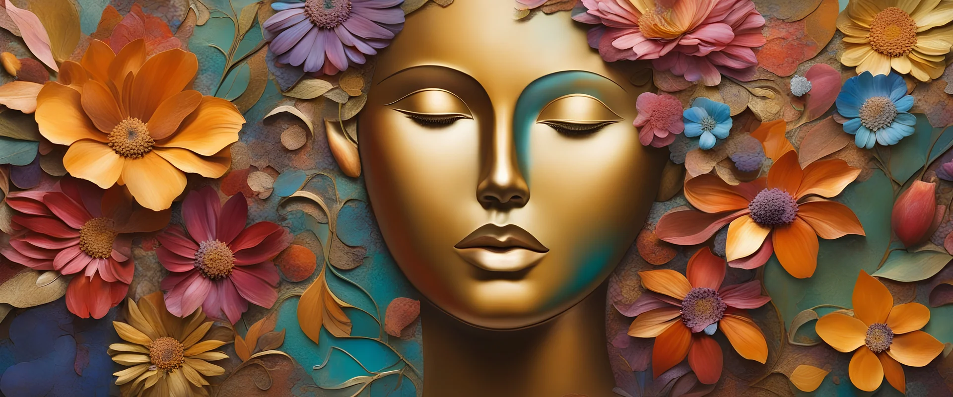 organic shapes and earthy colors with vibrant rich colors, beyond the limts art, classic modern art of ancient faces with flowers art, metalic feel