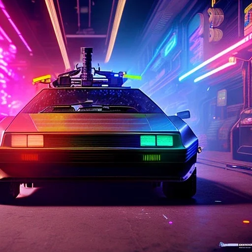 cyberpunk army DeLorean,cyberpunk 2077,center composition, ultra realistic,shiny, smooth, studio quality, octane render, Surrealism, Triadic colour scheme,glow-stick, ambient lighting,nightclub lighting, polaroid, 100mm, --ar 1:1 --v4