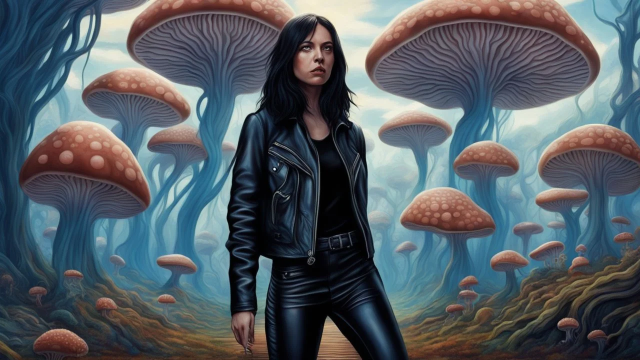 woman with black hair, in leather trousers and jacket, walking through Alien mushrooms with jellyfish tentacles in an alien forest, photorealistic, Deep Colour, Intricate Detail, sunshine, blue sky