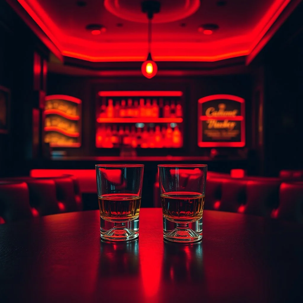 a table showing two whisky glasses on a table in the middle of a very dark bar room, red neon hues, van gogh style