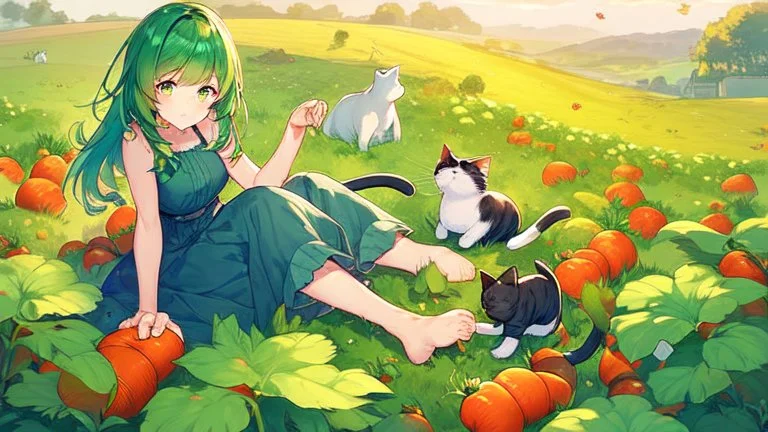 Girl, green hair, cat paws in hand, farm, sit, cat paws in feet, blushed, eat a carrot