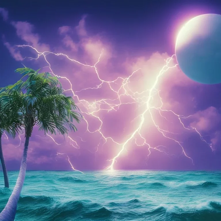 1980's vaporwave aesthetic palm trees with lightning with solar eclipse in the ocean waves sunset