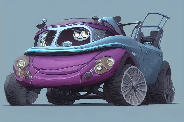 whimsical cartoon car with big eyes and its front grill forming a friendly smile