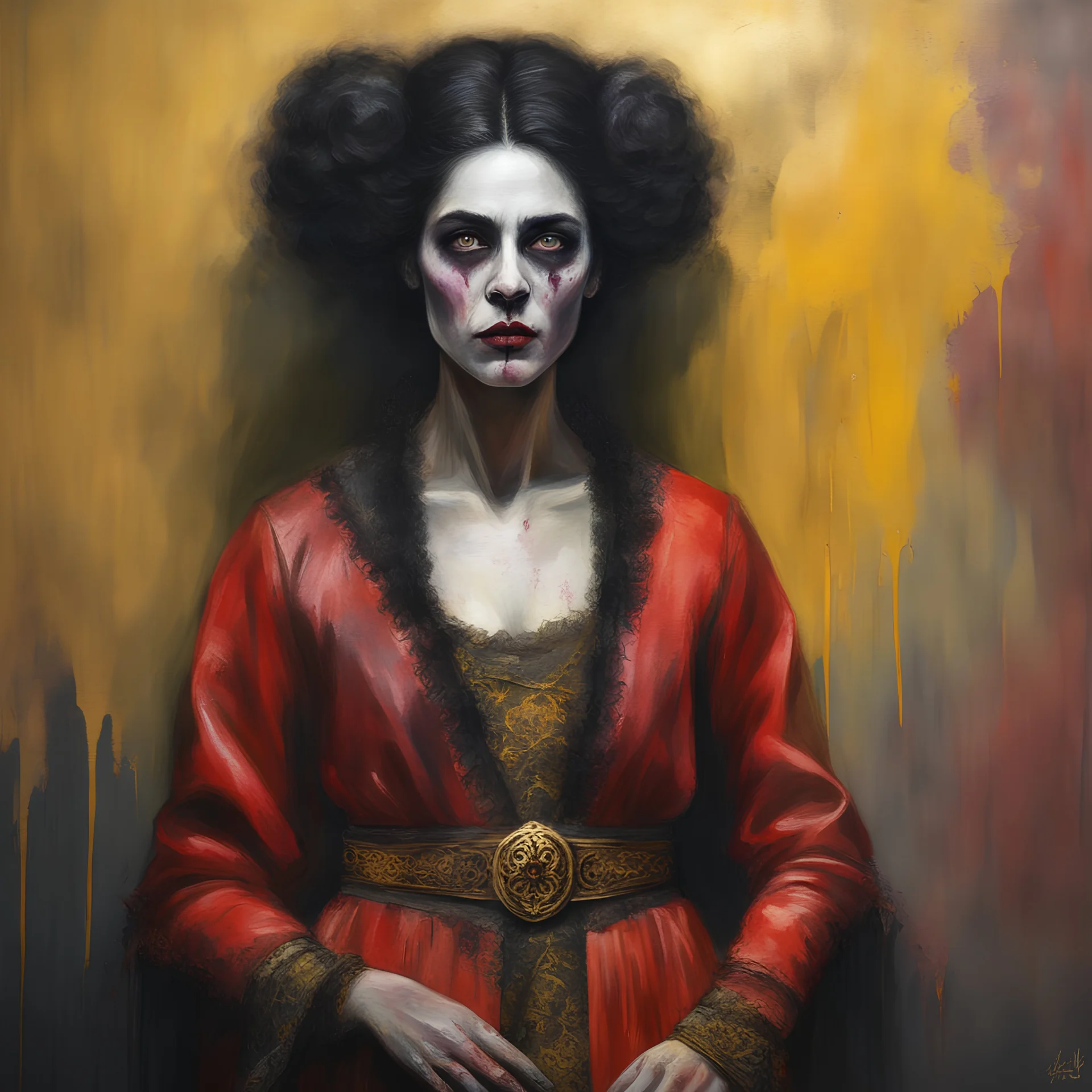 a beautiful black-haired female Zombie Queen, wearing a red leather sling suit with a gold/yellow bat emblem on the waist, dark, multicolored watercolor stained wall in the background, oil painting in the art style of Gilbert Stuart, 32k UHD, Hyper realistic, photorealistic, realistic, sharp, highly detailed, professional quality, beautiful, awesome, majestic, superb, trending on artstation