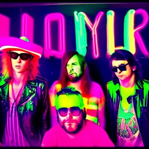 the coolest rock n roll band ever, bright colors, neon lights, party with me