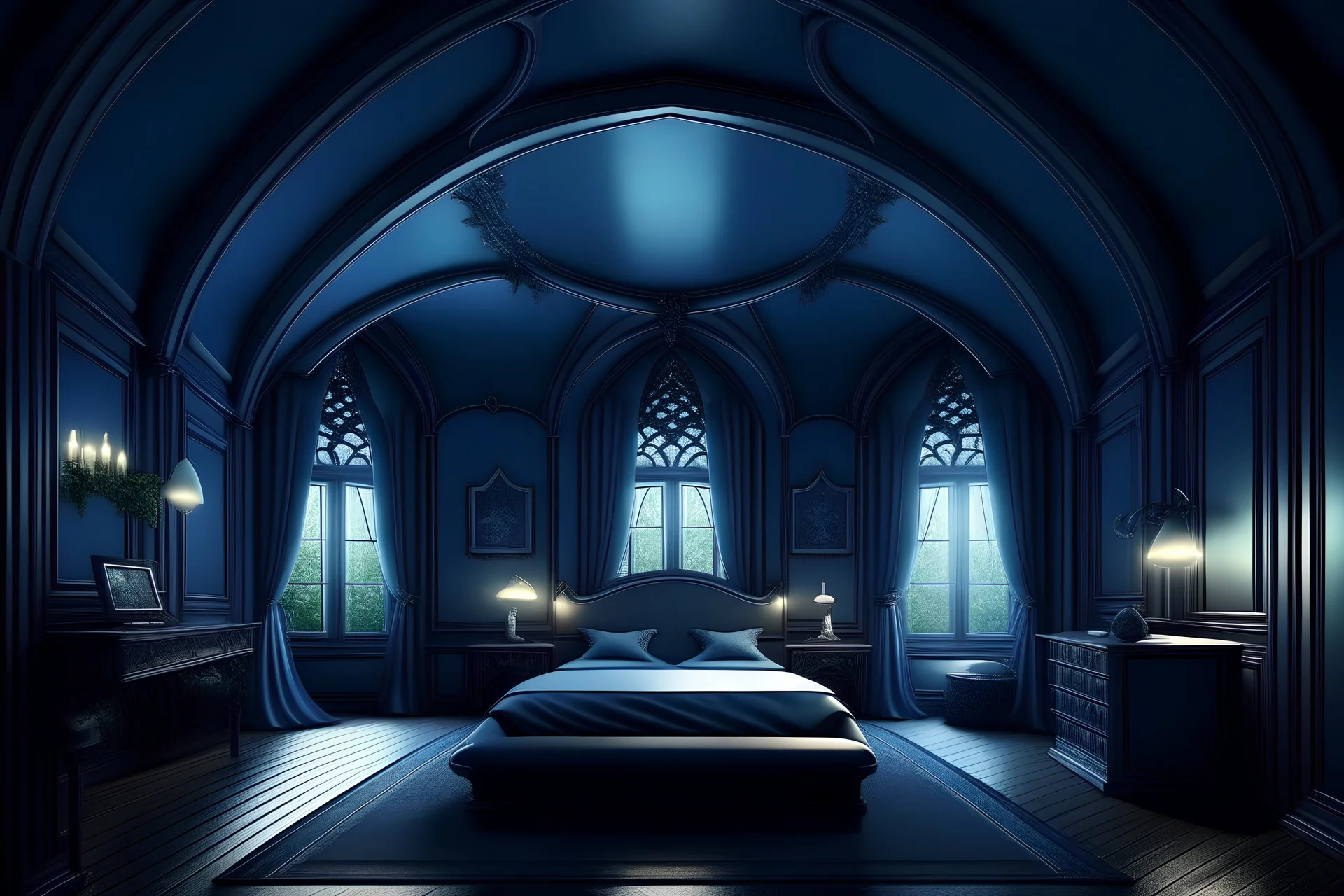 arched ceiling dark-blue fantasy bedroom