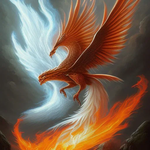 a phoenix whose one wing is made of water and one wing made of fire, phoenix bird, realistic, intricately detailed