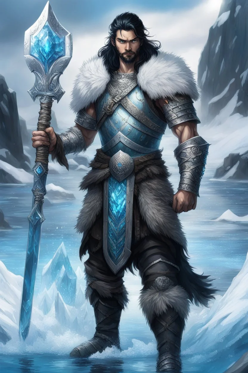 1 mana warrior, with blue eyes and black hair man in silver Viking armor with fur around the neck with blue crystal on his chest , standing in water in the artic, holding a ice axe, warrior in anime style,